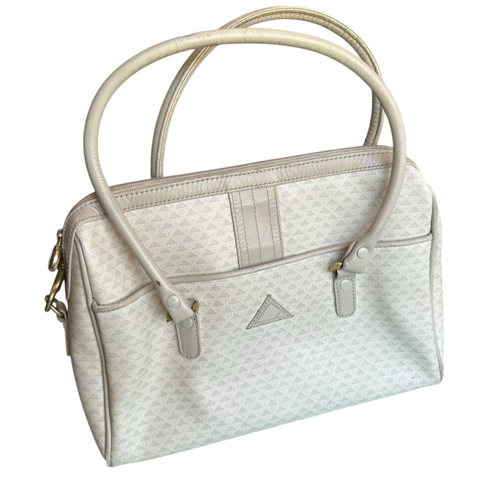 Vintage Womens Handbag Crossbody Purse Cream Gray Chevron Print Office Casual